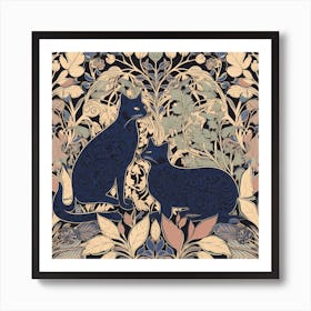 William Morris Classic  Inspired  Cats Blue Square Art Print