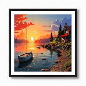 Sunset By The Lake,Beautiful sea landscape with water and nature Art Print