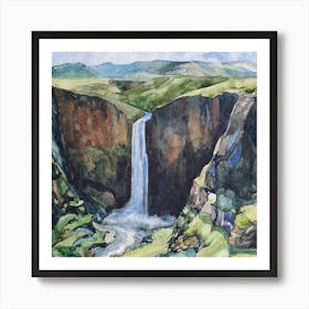 Watercolor Landscape Waterfall Square Art Print