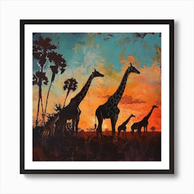 Giraffe Silhouettes In The Sunset 3 Art Print