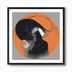 A Silhouette Of A Circle Wearing A Black Hat And Laying On Her Back On A Orange Screen, In The Style (1) Art Print