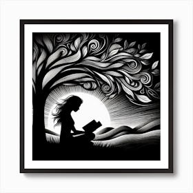 Silhouette Of A Woman Reading A Book Art Print