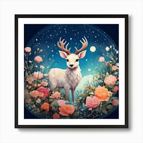 Firefly Charming, Cute, Reindeer, Baby, Winter, Meadow, Starry, Night, Round, Background, Peonies, S (3) Art Print