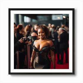 A Sexy Black Woman In A Black Latex Dress in Distance With Smiling to Crowd A On the Red Carpet- Created by Midjourney Art Print