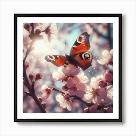 Butterfly On Cherry Blossoms Art Print