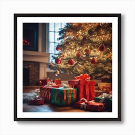 Christmas Presents Under Christmas Tree At Home Next To Fireplace Haze Ultra Detailed Film Photog (12) Art Print