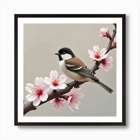 A Small Sparrow Perched On A Blooming Cherry Blossom Branch Art Print