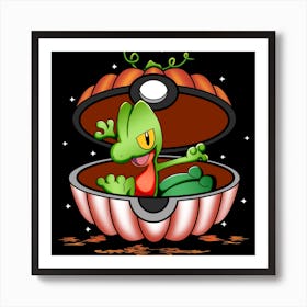 Treecko In Pumpkin Ball - Pokemon Halloween Art Print