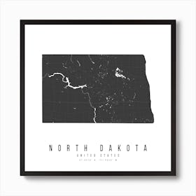 North Dakota Mono Black And White Modern Minimal Street Map Square Art Print