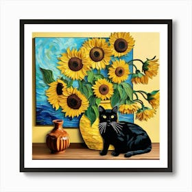 van gogh Sunflowers And Cat 1 Art Print