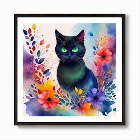 Black Cat With Flowers 6 Art Print