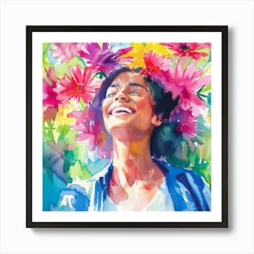 Happy Woman With Flowers Art Print