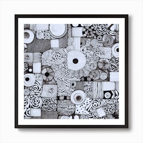 A black and white drawing of a bunch of different shapes Art Print