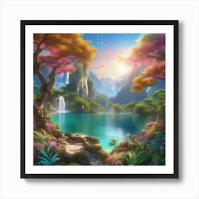 Fantasy Landscape With Waterfall Art Print