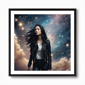 Create A Cinematic Scene Where A Mysterious Woman In A Black Leather Jacket Floats Gracefully Through The Cosmos, Surrounded By Swirling Clouds Of Stars And Galaxies 4 Art Print