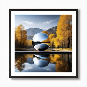 A Metal Ball Construction In A Forest And Mountain Lake By Autumn Art Print