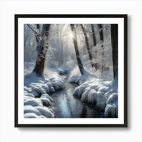 Winter Snow on the Banks of the Woodland Stream 1 Art Print