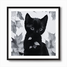 Black and White Black Kitten In Autumn Leaves Art Print