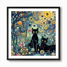 Black Cat In A Garden, Klimt Style Art Print