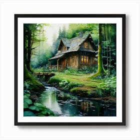 Watercolor Cottage In Emrald Green Forest Studio Photography Complex Details High Detail Art Print