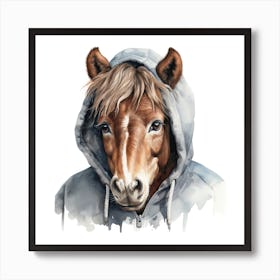 Watercolour Cartoon Horse In A Hoodie 1 Art Print