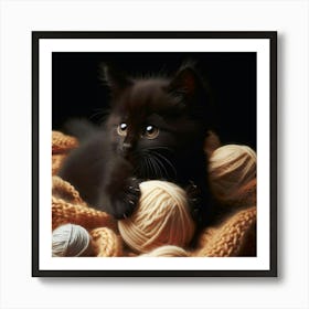 Black Kitten With Balls Of Yarn Art Print