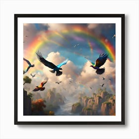 Birds Nature Rainbow Colorful Sky Landscape Flight Wings Art Print