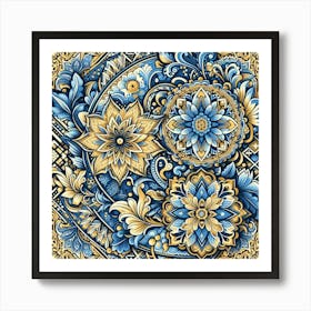 Batik, Blue And Gold Floral Pattern 1 Art Print