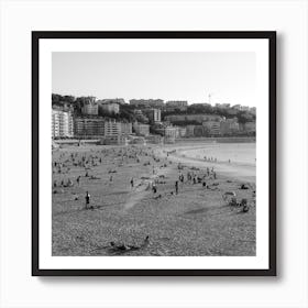 Beach Scene, Black And White St Sebastian, Spain Square Art Print