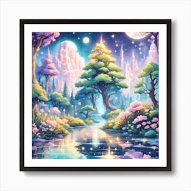 A Fantasy Forest With Twinkling Stars In Pastel Tone Square Composition 74 Art Print