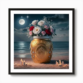 A golden jar on beach under moonlight 1 Affiche