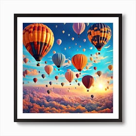 Hot Air Balloons In The Sky, Hot air balloon festival, hot air balloons in the sky, Albuquerque International Balloon Fiesta, digital art, digital painting, beautiful cloud scape, hot air balloons above clouds Art Print
