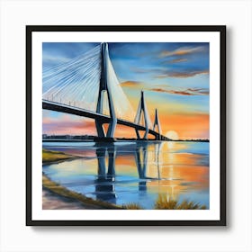 Sunset over the Arthur Ravenel Jr. Bridge in Charleston. Blue water and sunset reflections on the water. Oil colors.4 Art Print