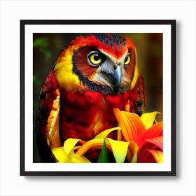 Owl with yellow lilies Art Print