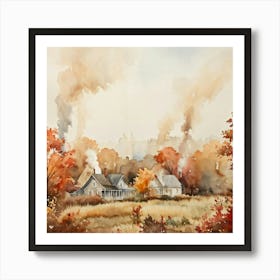 Autumnal Landscape Featuring Falling Leaves Watercolor Painting Soft Toned Florals Cottages With (5) Art Print