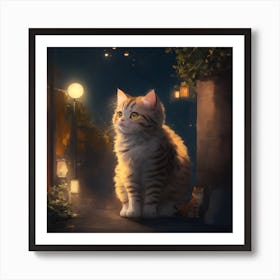 Anime Pastel Dream Cute Cat In Noon Night 0 Out Art Print