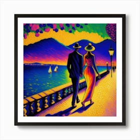 Couple Walking By The Sea Art Print