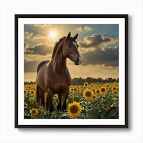 Horse In Sunflower Field 25 Art Print