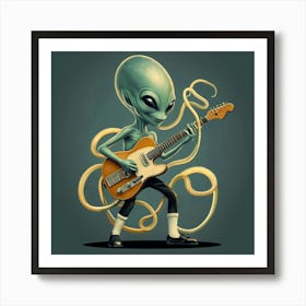 Nostalgic Alien Playing Vintage Guitar Against Dark Teal Background Art Print