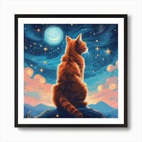 cat looking at the moon 1 Art Print