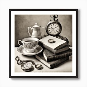 Monochromatic Still Life Composition Featuring A Collection Of Vintage Objects Art Print