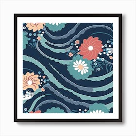 Waves Flowers Pattern Water Floral Minimalist Art Print