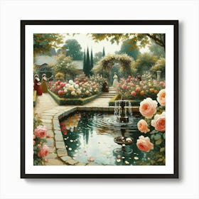 Rose Garden With The Fountain, Acrylic Style Painting 18 Art Print