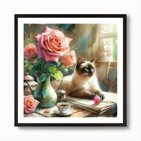 Siamese Cat With Roses Art Print