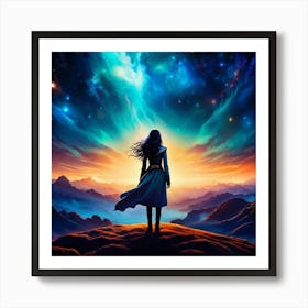 Surrealism Style Digital Painting Of A Celestial Woman Against A Vast Expansive Universe Backdrop Art Print