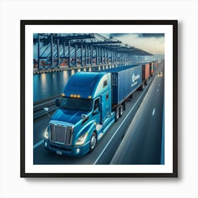 Blue Semi Truck On The Highway Art Print