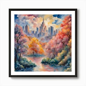 River Forest Trees City Water Lake Sky Clouds Colorful Art Print