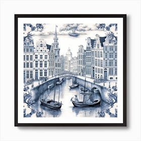 Amsterdam Canal Delft Tile Illustration 2 Art Print