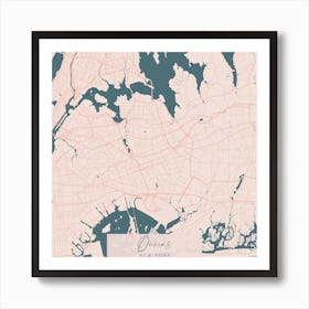 Queens New York Pink and Blue Cute Script Street Map Art Print