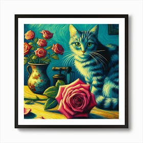 Cat With Roses 1 Art Print